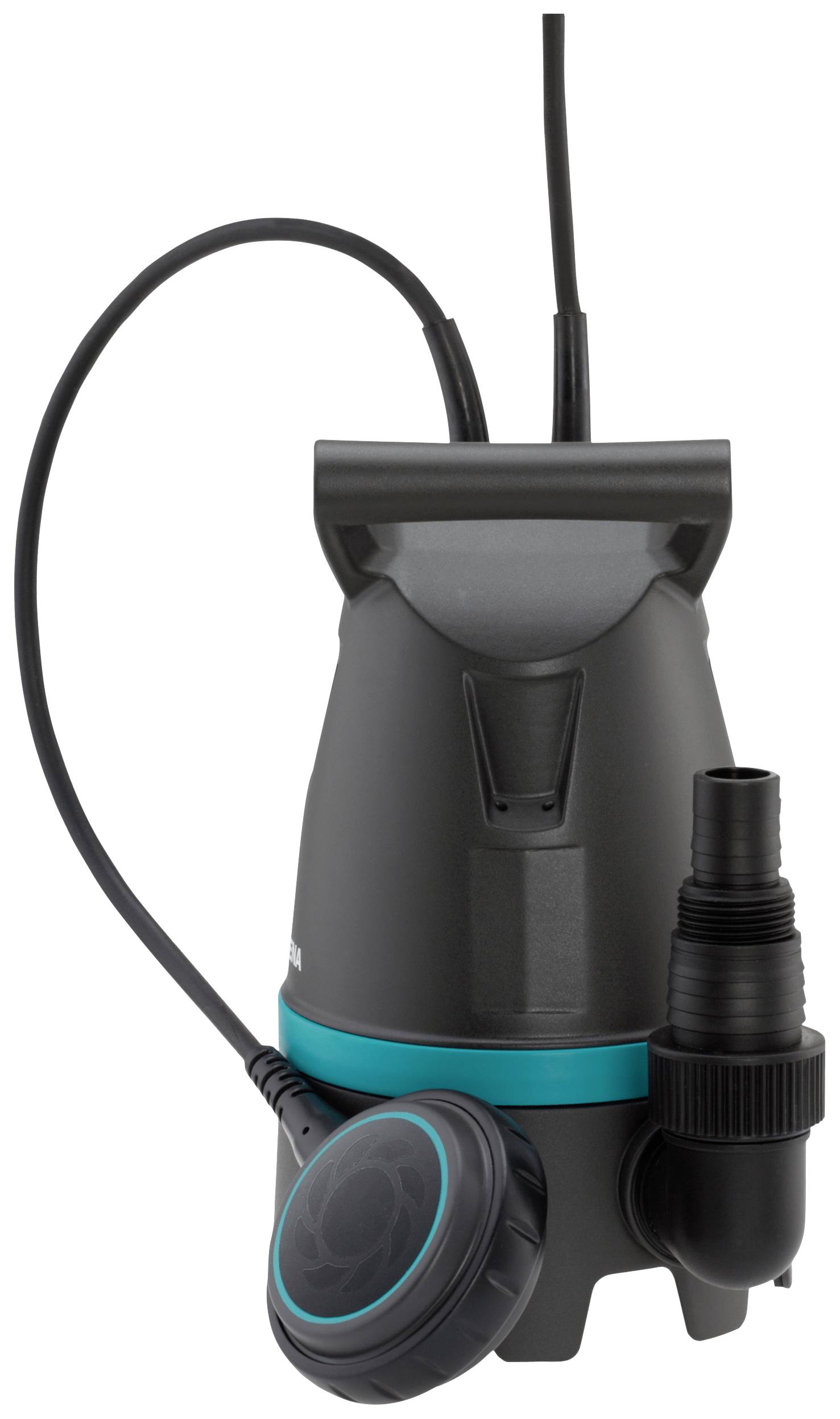 Gartenpumpe mit schwarzem Gehäuse und blauem Streifen; Kabel und Schlauchanschluss sind sichtbar. Hauptsächlich zum Wassertransport.
