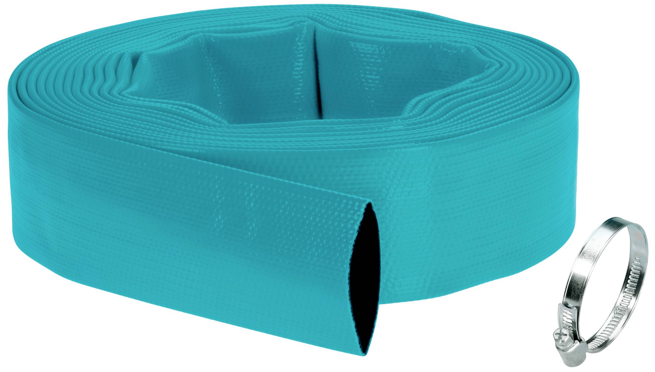 Blauer Flachschlauch mit Metallschelle zum Befestigen. Ideal für flexible Wasserinstallation.