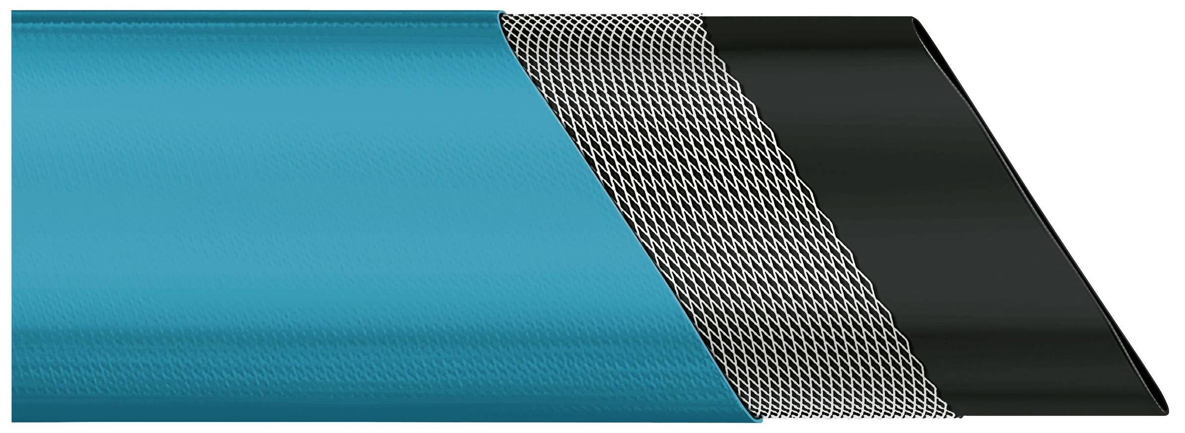 Ein Abschnitt eines blauen Industrie- oder Gartenschlauchs wird gezeigt, der innere Aufbau mit mehreren Schichten ist zu erkennen.