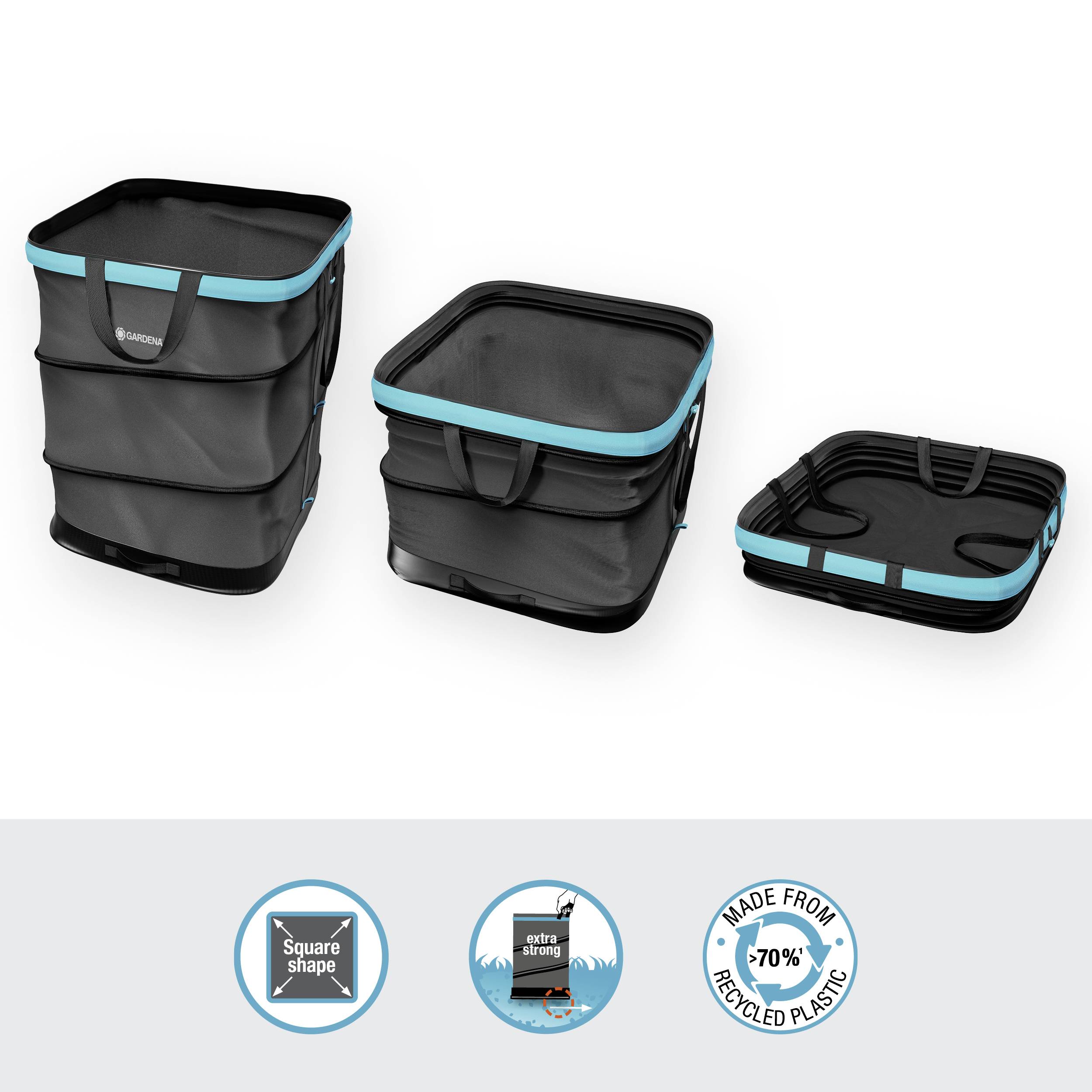 Drei graue Aufbewahrungseimer mit blauen Akzenten, stapelbar und aus 70% recyceltem Kunststoff. Funktionen: quadratische Form, extra robust.