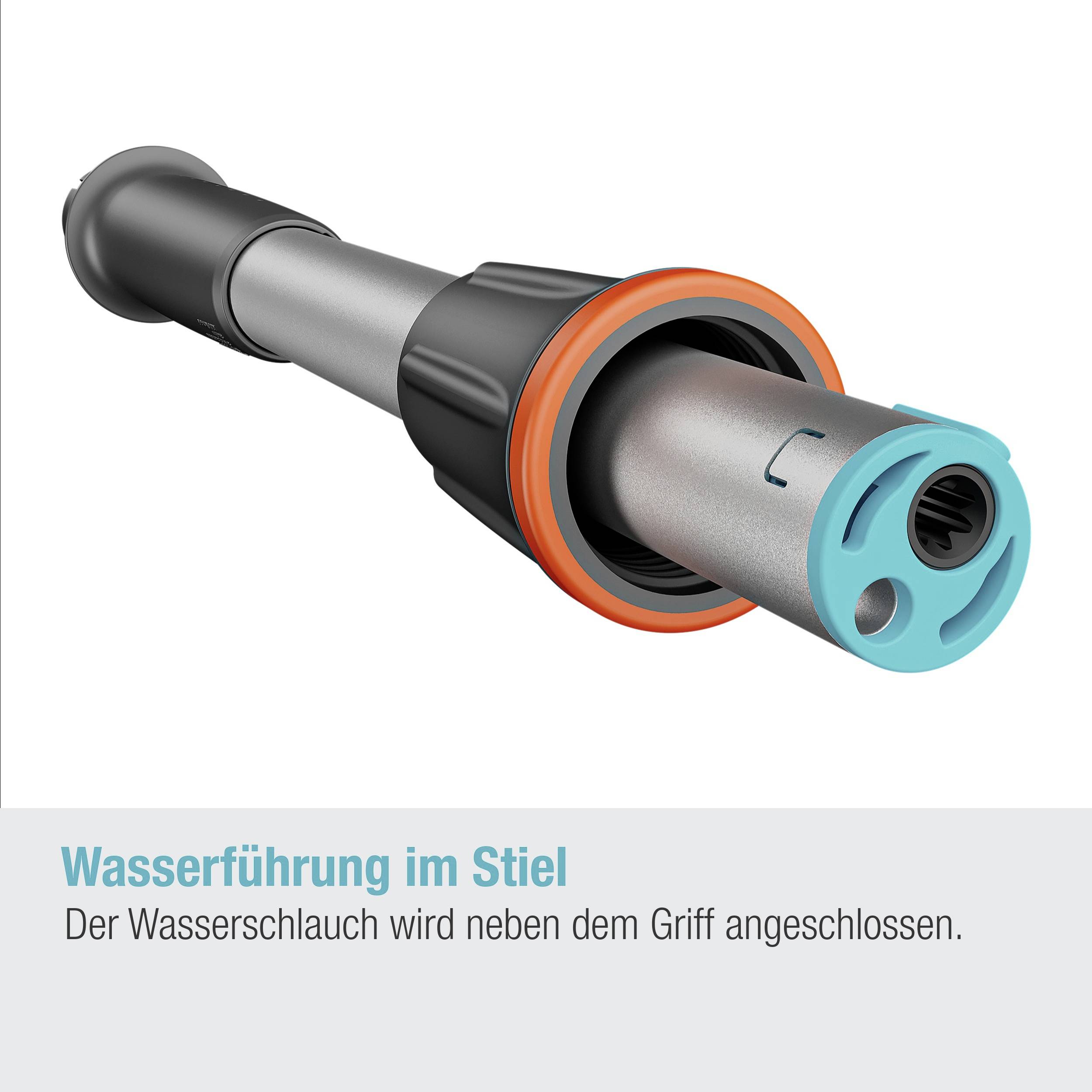 Ein Wasserführungsstab mit orange-blauem Anschluss und Griff. Text darunter: 'Wasserführung im Stiel' beschreibt den Anschluss.