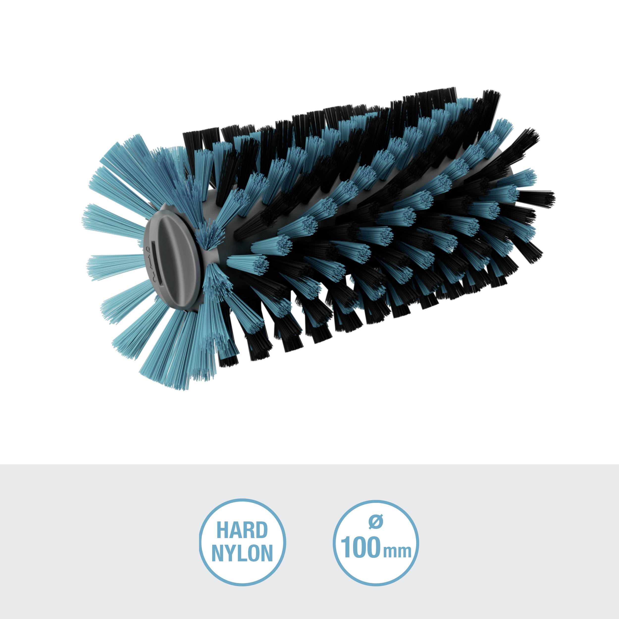 Blauer und schwarzer runder Bürstenkopf mit Nylonborsten, Durchmesser 100 mm. Text darunter: 'Hard Nylon'.