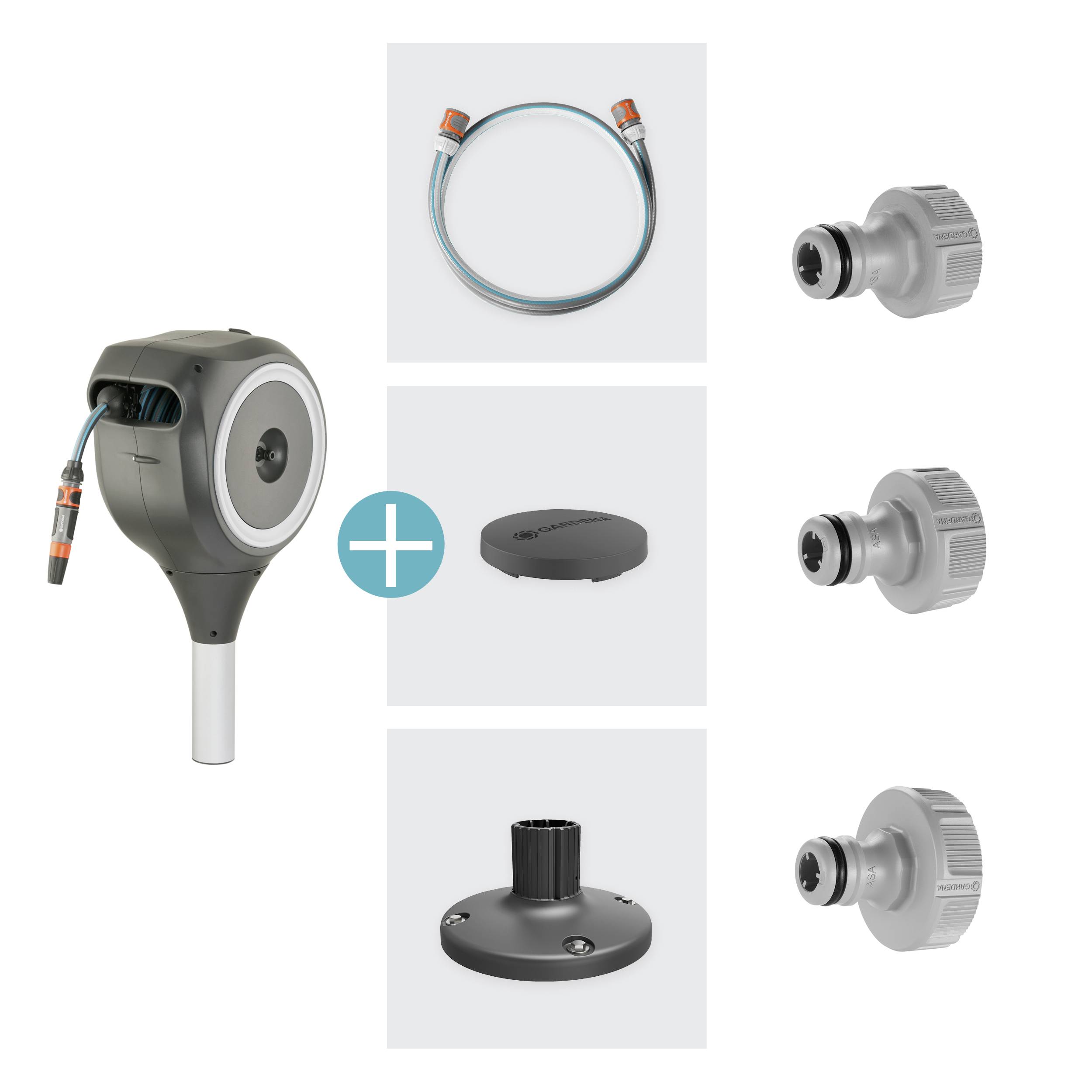 Wasserzapfsäule mit Zubehör, einschließlich Schlauch, Abdeckung und Adapter, zur effizienten Gartenbewässerung.