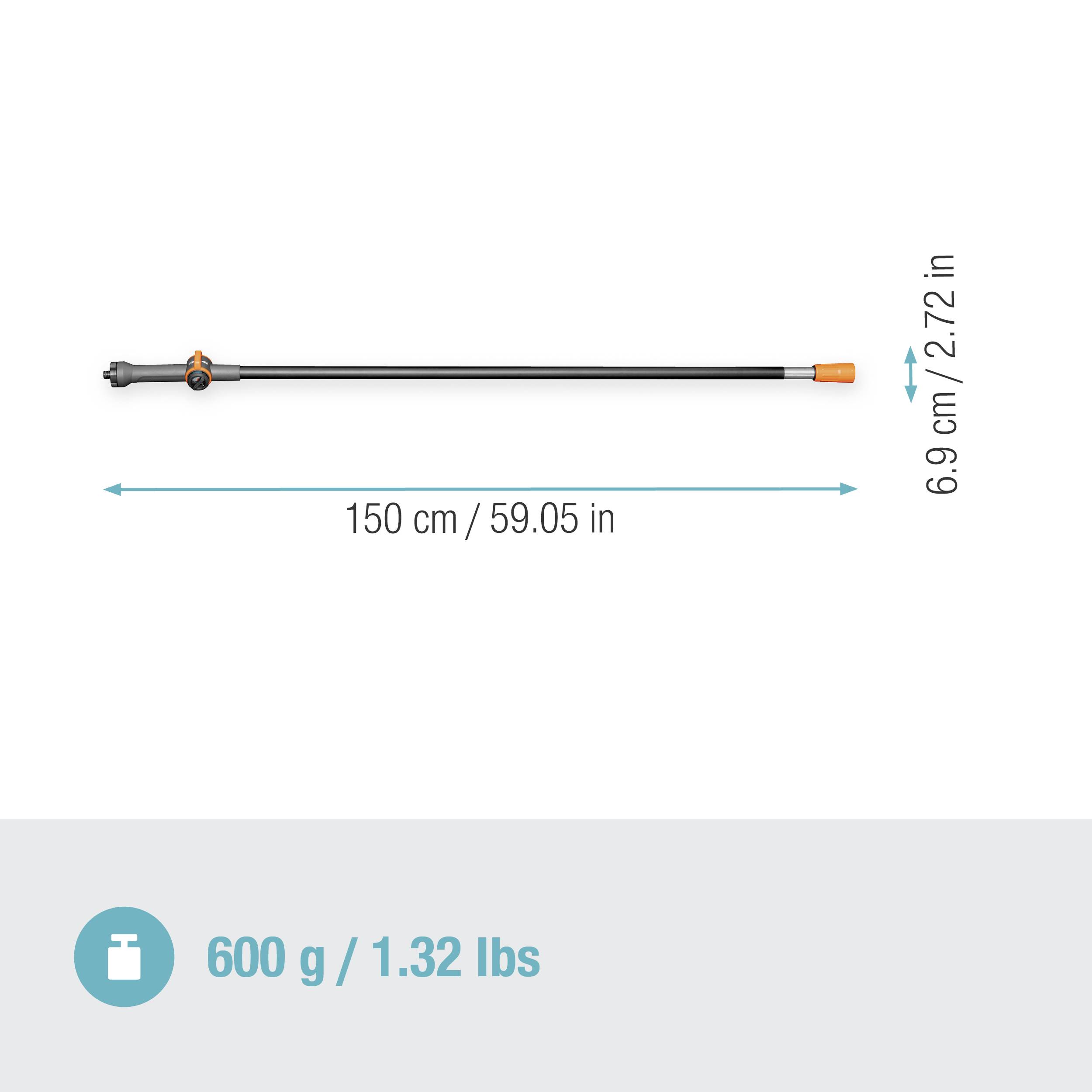 Teleskopstange, ausziehbar bis 150 cm, Gewicht 600 g. Geeignet für Reinigungsarbeiten.