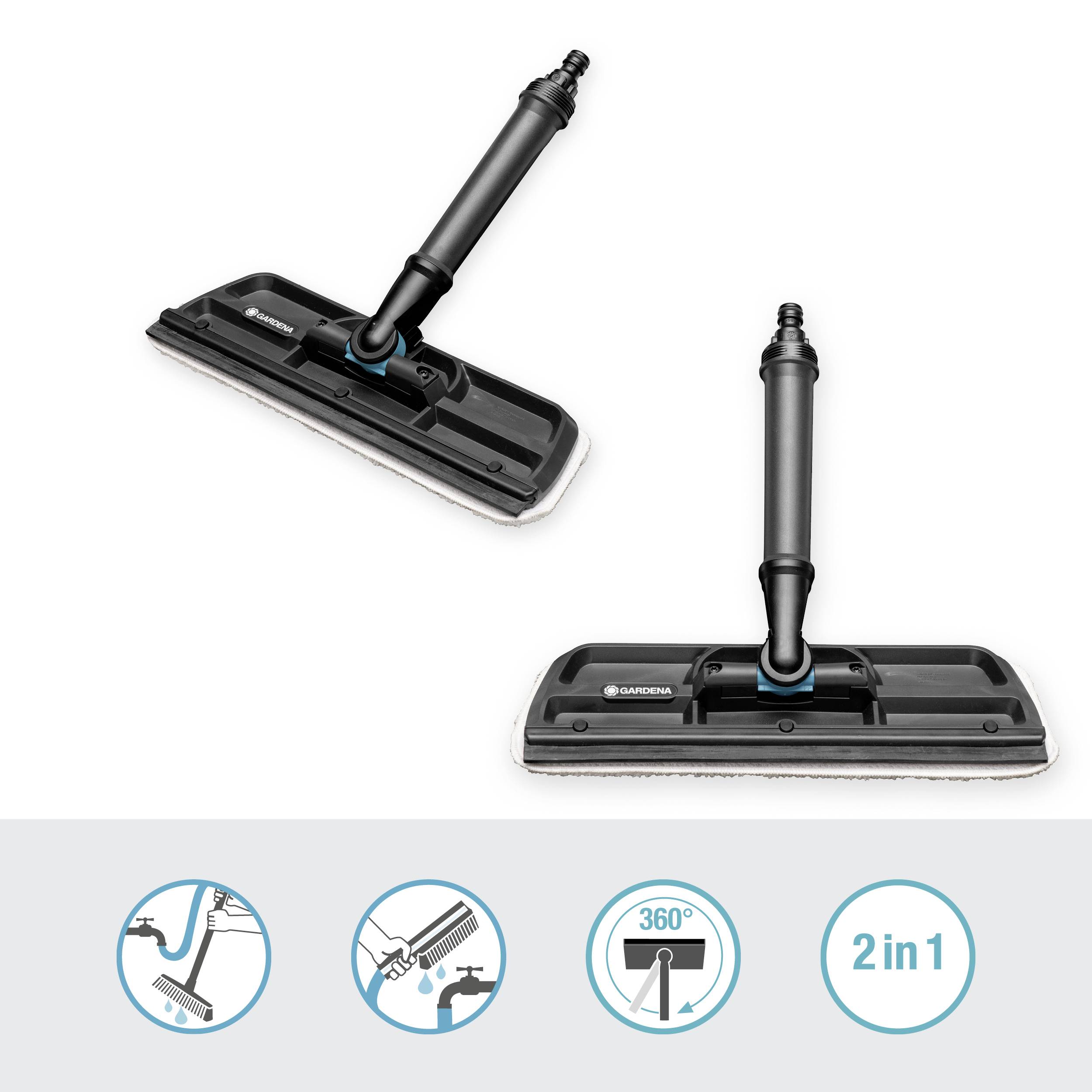 Ein schwarzer Bodenwischer mit teleskopierbarem Stiel. Unten Symbole: einfacher Wasseranschluss, flexible Nutzung, 360-Grad-Drehung und '2 in 1'-Funktion.