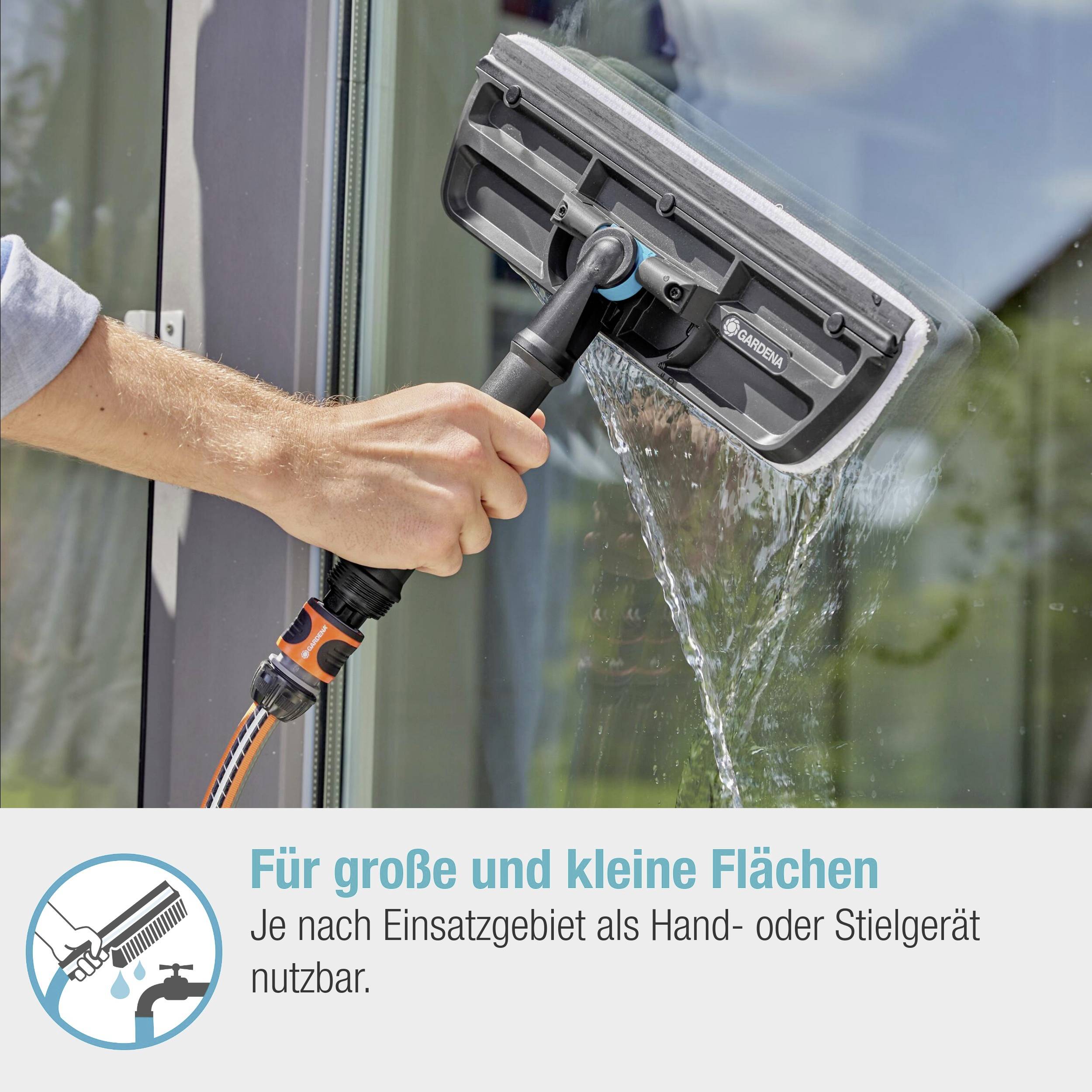 Eine Person reinigt ein Fenster mit einem Gerät ausziehbarem Griff. Text: 'Für große sowie kleine Flächen', 'Hand- oder Stielgerät'.