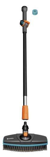 Eine schwarze und orangefarbene Reinigungsvorrichtung mit langem Griff und abnehmbarer blauer Kappe, entwickelt zum Schrubben von Oberflächen.