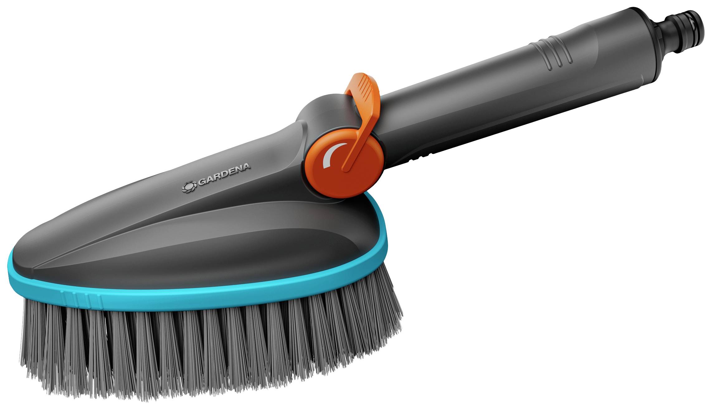 Graue Reinigungsbürste mit ergonomischem Griff und blauen Borsten, geeignet für die Reinigung von Oberflächen im Gartenbereich.