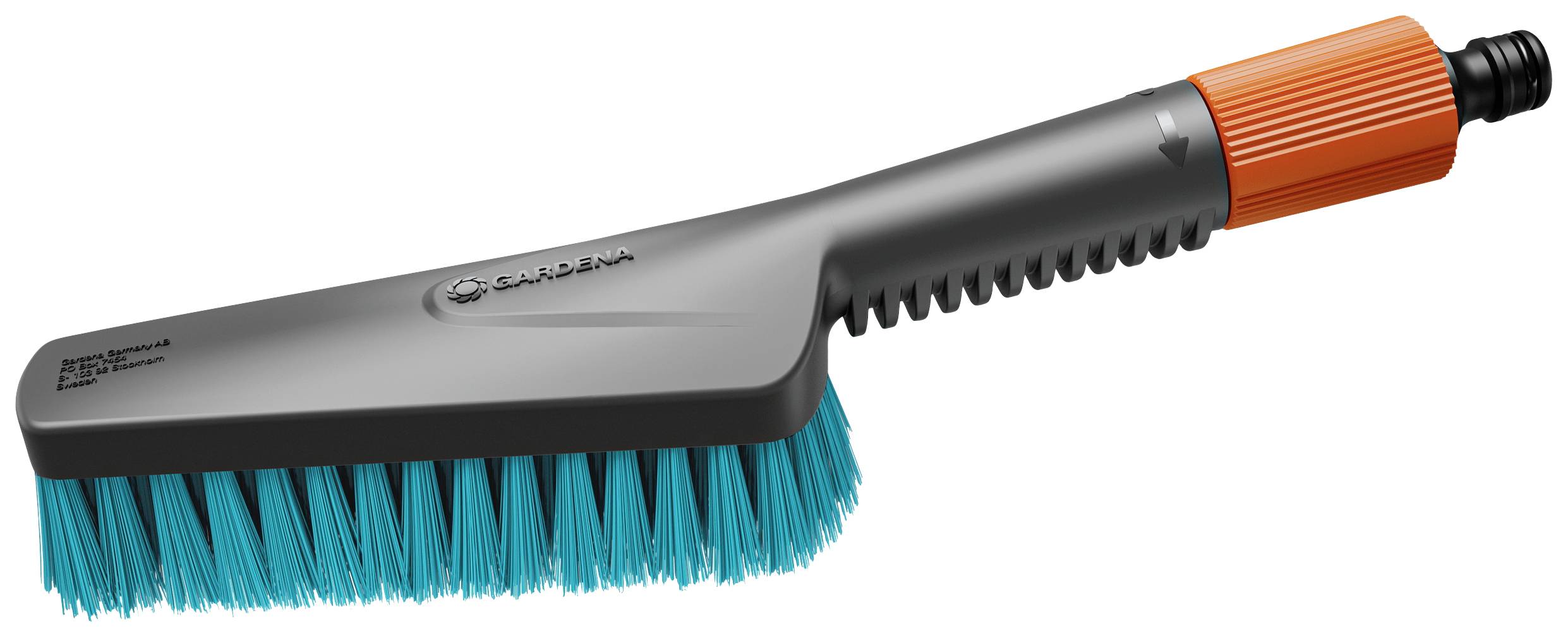 Graue und orangefarbene Handbürste mit blauen Borsten in einem funktionalen Design. Geeignet für Reinigungsarbeiten.
