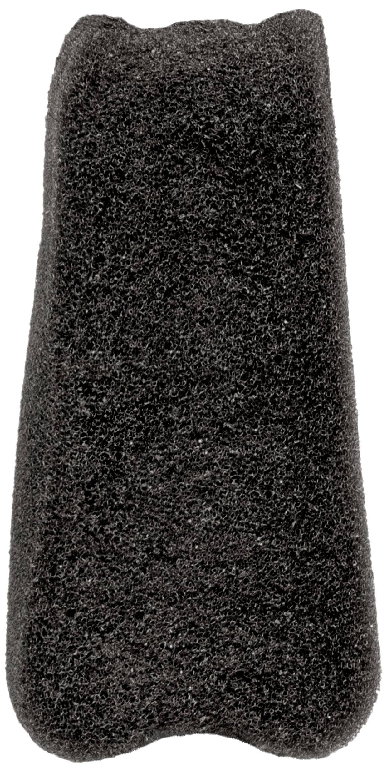 Ein schwarzer, grob texturierter Stein- oder Metallgegenstand, der eine längliche Form hat.