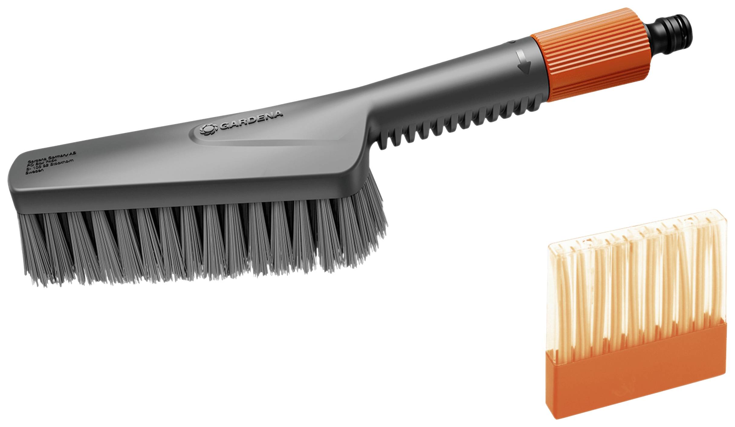 Graue Bürste mit langem Griff und orangefarbenem Anschluss. Rechts daneben ein orangefarbener Längsbürsteneinsatz. Geeignet zur Reinigung.