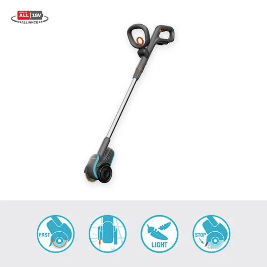 Ein elektrisches Gartengerät mit langem Griff und rundem Kopf. Symbole darunter zeigen Funktionen: schnelle Nutzung, leichte Bedienung, einfacher Stopp.