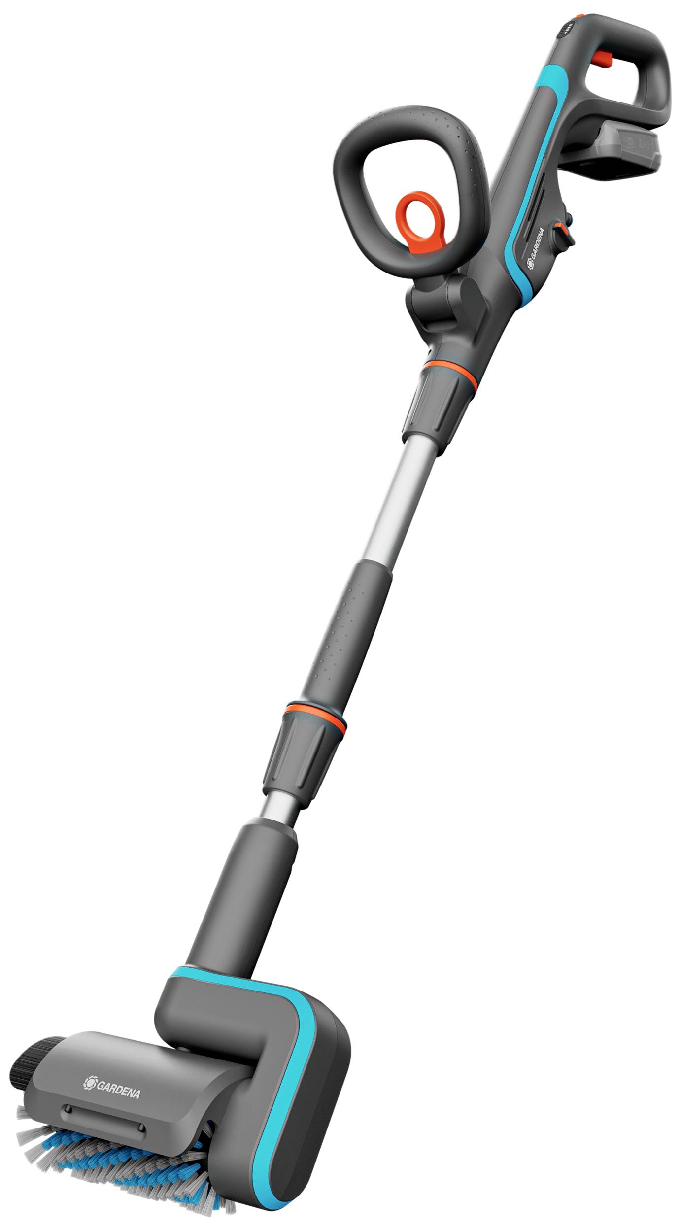Ein kabelloses elektrisches Reinigungsgerät mit ergonomischem Griff und blauen Borsten, geeignet für verschiedene Oberflächenreinigungen.