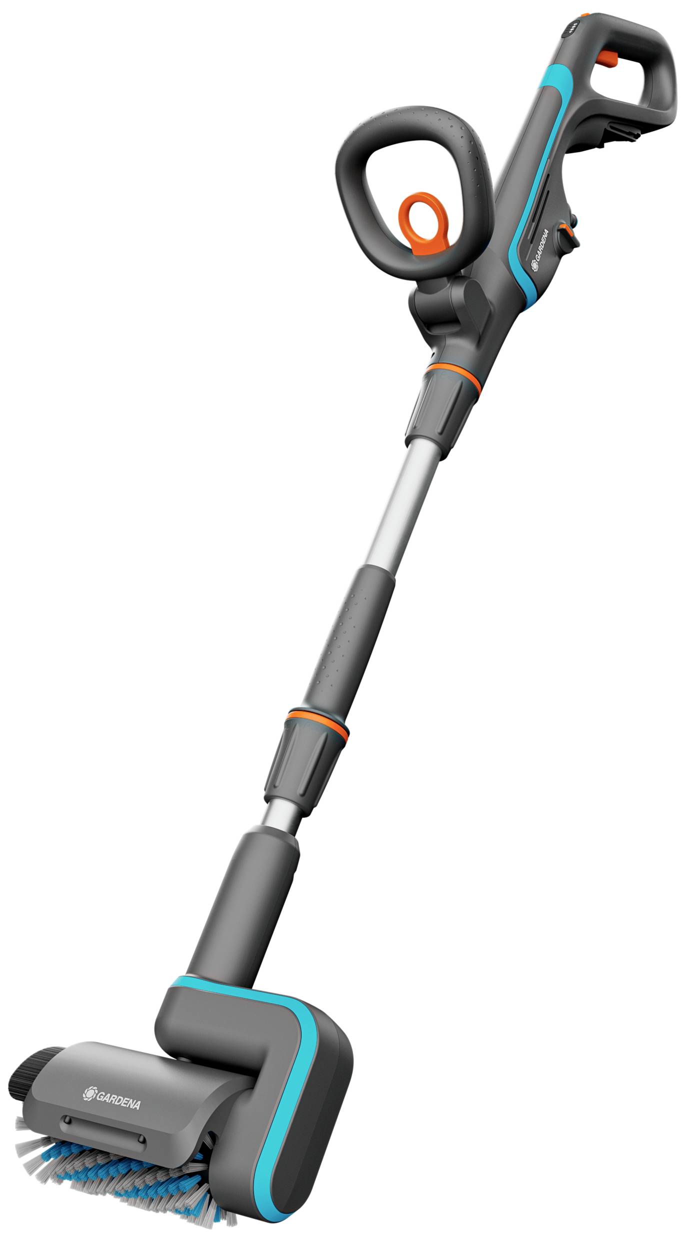 Elektrische Reinigungsbürste mit langem Griff und orange-blauen Akzenten, geeignet für die Reinigung schwer zugänglicher Stellen.