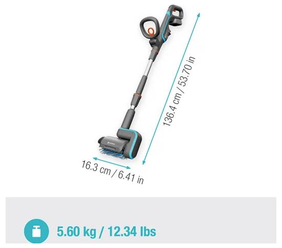 Kabellose Staubsauger mit Abmessungen von 136,4 cm (53,70 Zoll) Höhe, 16,3 cm (6,41 Zoll) Breite; Gewicht 5,60 kg (12,34 lbs).