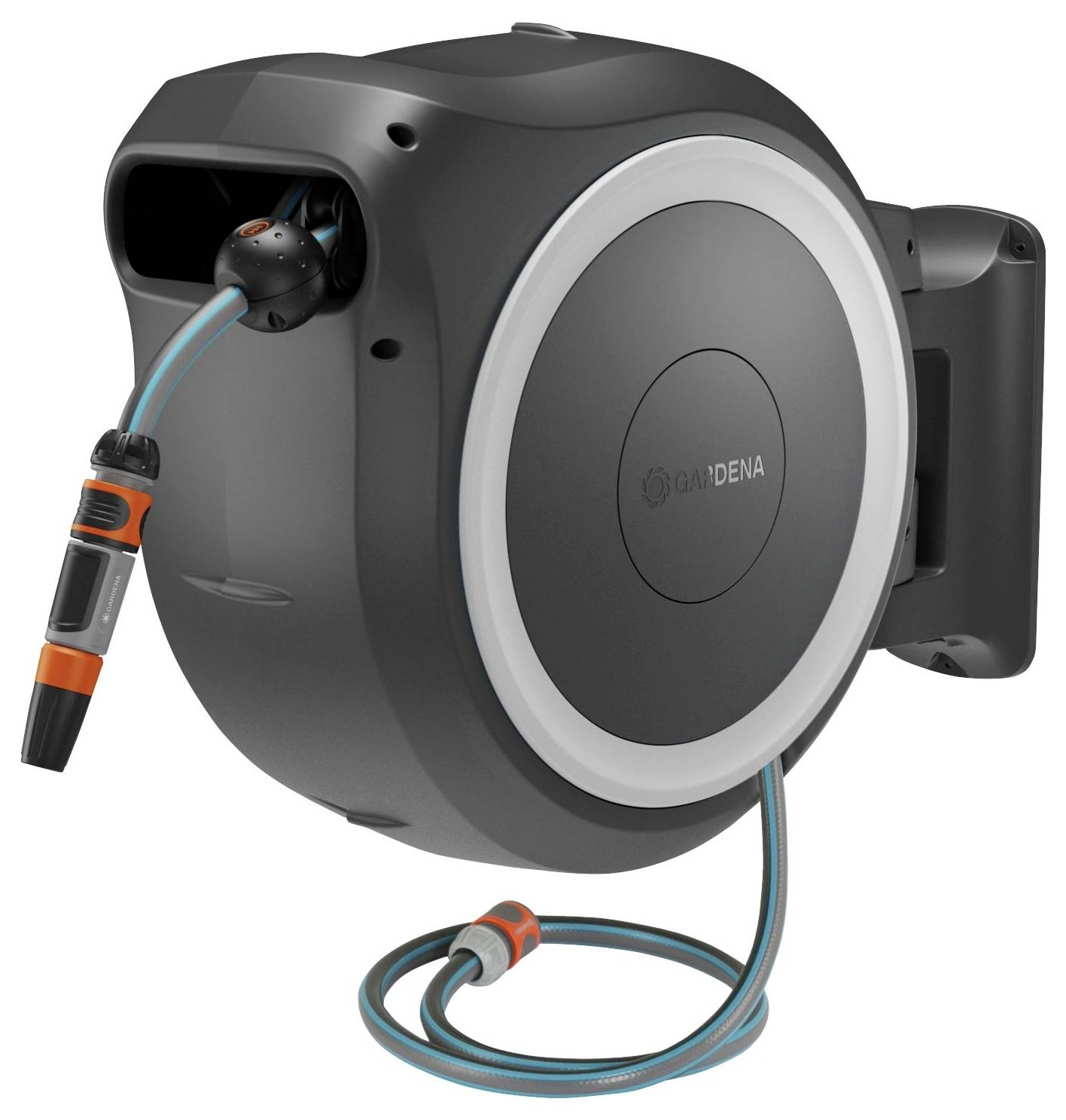 Einziehbare, wandmontierte Gartenschlauchrolle mit einer orangefarbenen Düse.