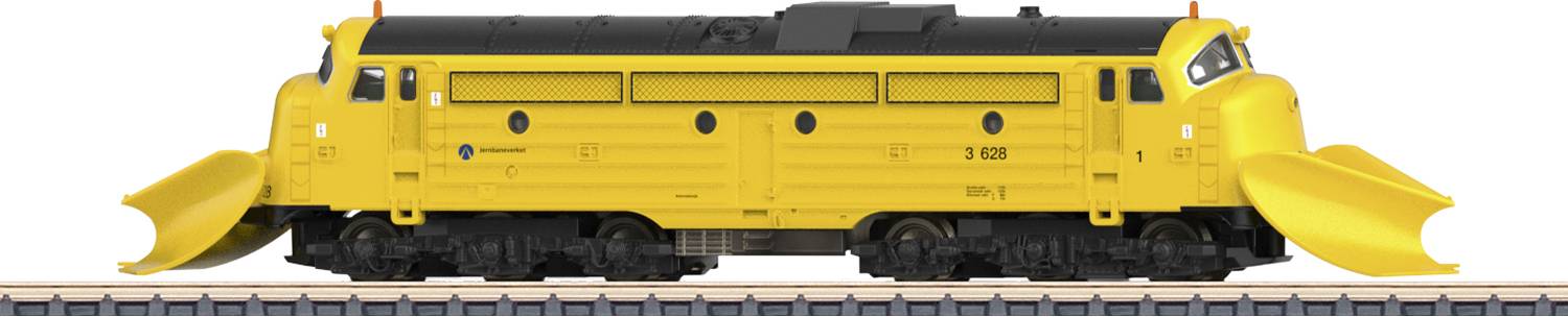 Gelber Schienenfahrzeug zum Schneeräumen, seitlich dargestellt. Ausgestattet mit großen Schneepflügen auf beiden Enden.