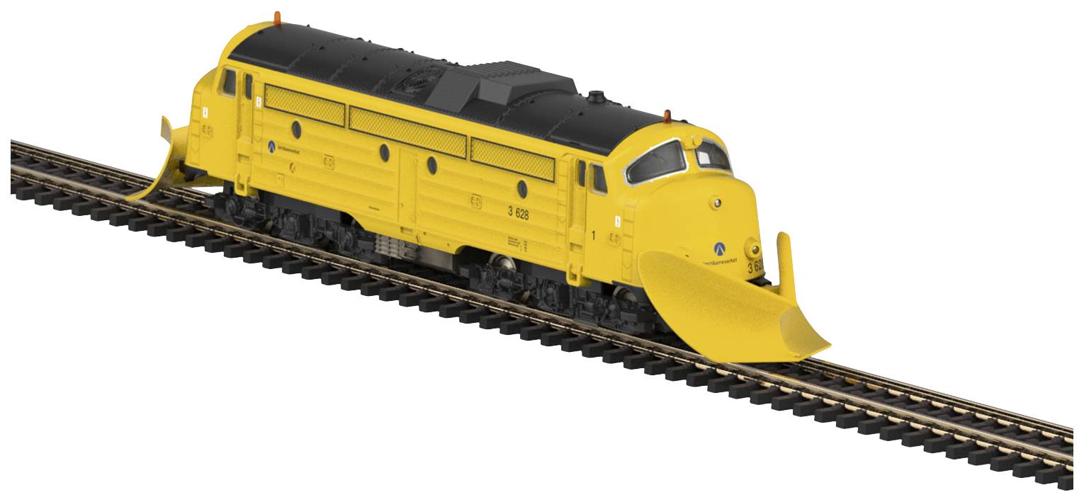 Gelbe Lokomotive auf Gleis mit Pflugvorrichtungen vorne, geeignet für Schneeberäumung. Strategische Bedeutung für winterliche Bahnstrecken.