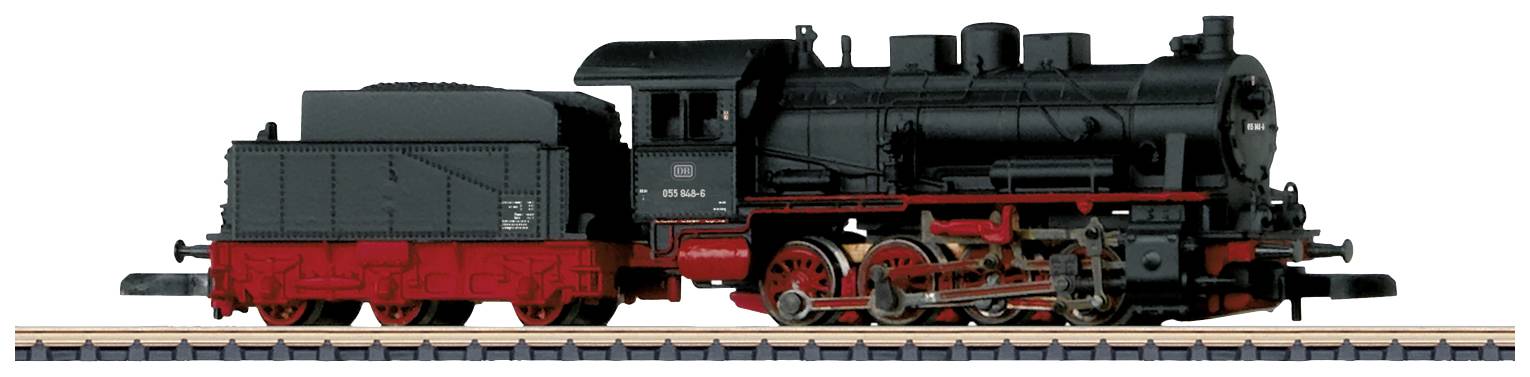 Modelleisenbahn-Lokomotive auf Schienen, schwarz und rot, seitliche Ansicht, zeigt Dampflokomotive mit detaillierten Rädern und Kessel.