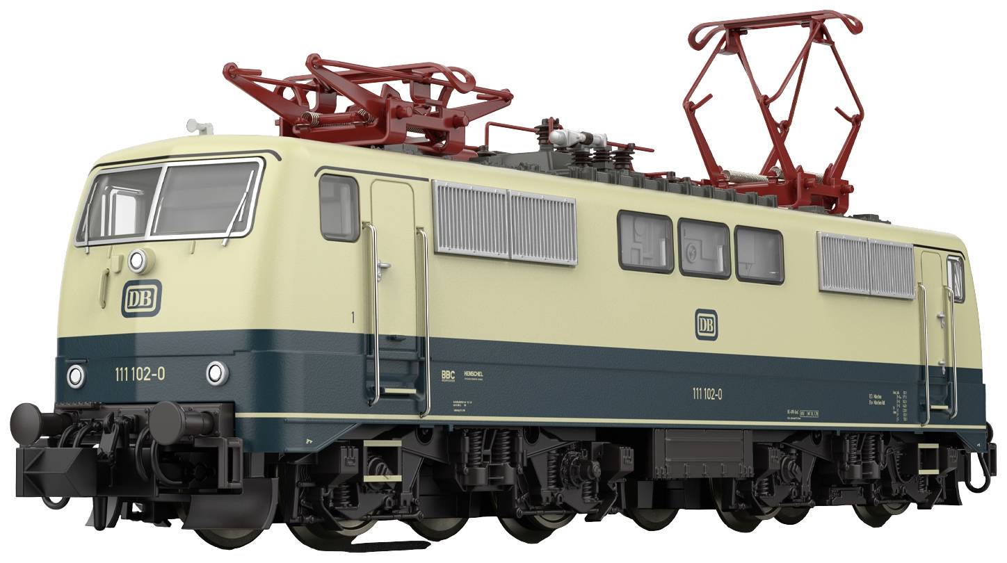 Historische deutsche Elektrolokomotive der Baureihe 111, creme und blau lackiert, mit roter Stromabnehmermechanik auf dem Dach.