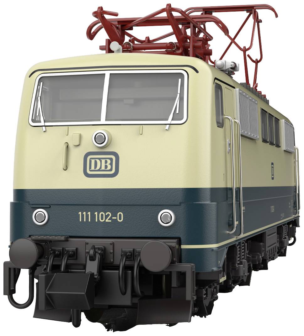 Eine beige und blaue Elektrolokomotive der Deutschen Bahn mit der Nummer '111 102-0', aufgenommen in einer Frontalansicht.