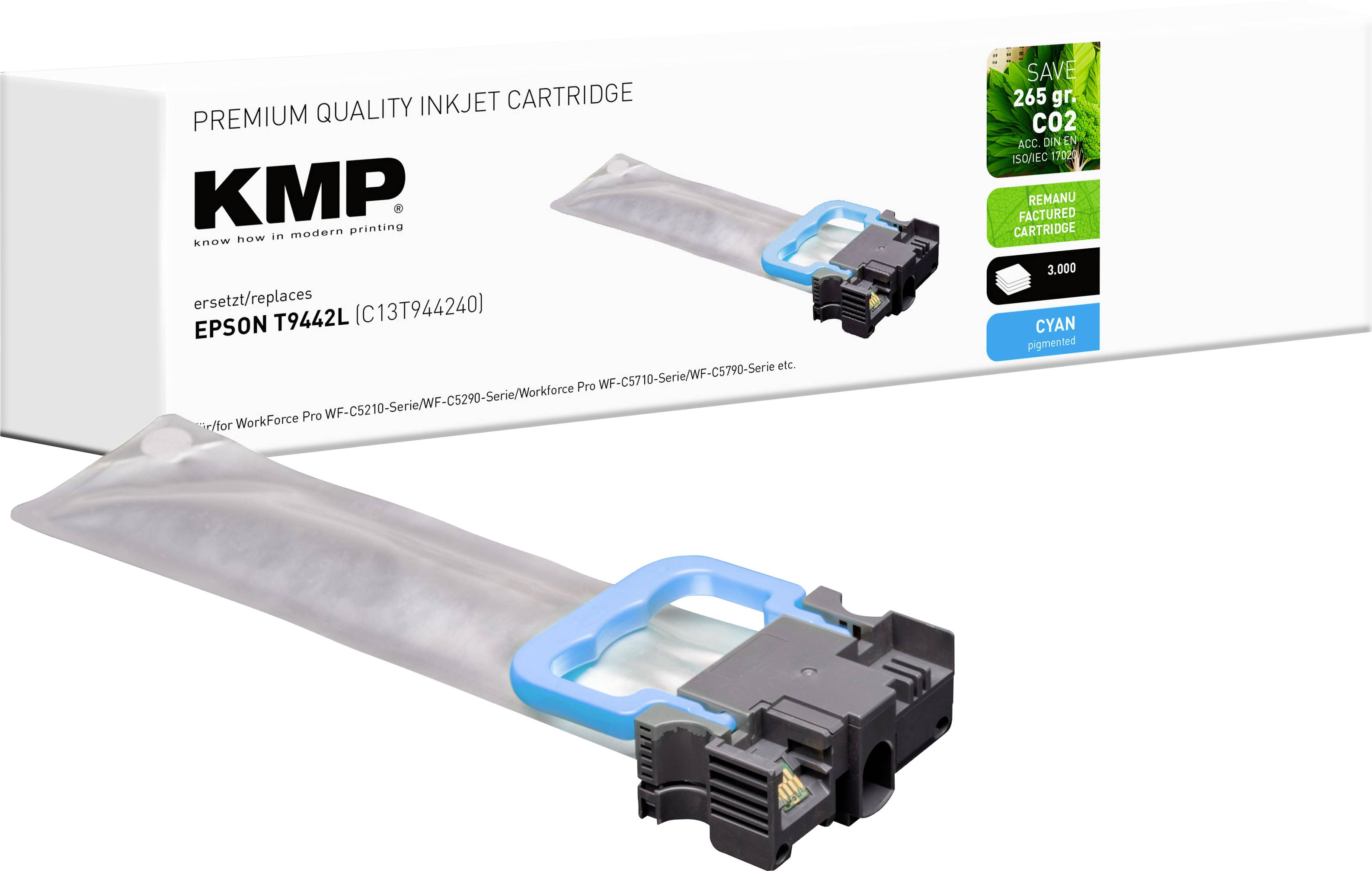 Tintenpatrone für Epson T9442L, Farbe cyan, mit Hervorhebung der umweltfreundlichen Vorteile wie 205g CO2-Ersparnis.