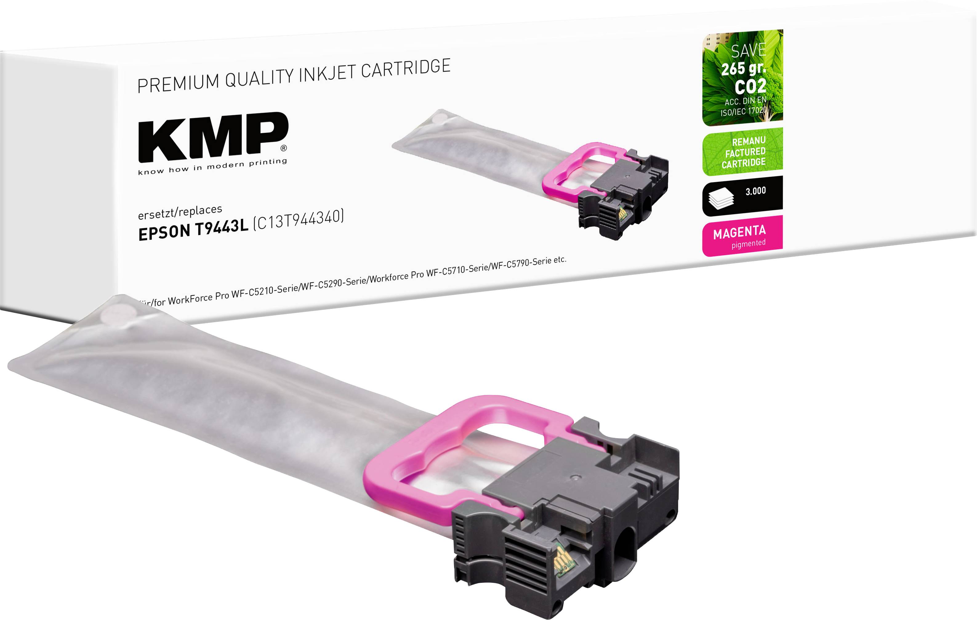 Verpackung für eine KMP Tintenpatrone, kompatibel mit Epson T9443, Bezeichnung 'Magenta'. Hebt CO2-Einsparungen hervor und enthält ein Recycling-Programmabzeichen.
