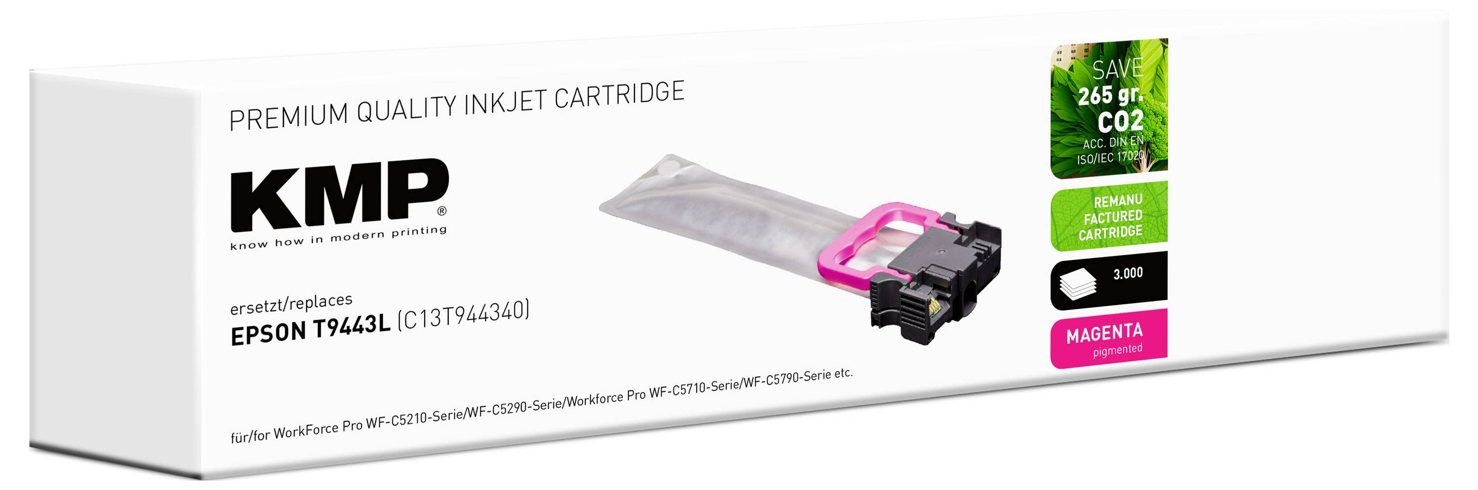 KMP Premium-Qualität Tintenpatrone für Epson T9443L, magenta Farbe, 3.000 Seiten Druckleistung, mit Hinweis auf reduzierte CO2-Emissionen.