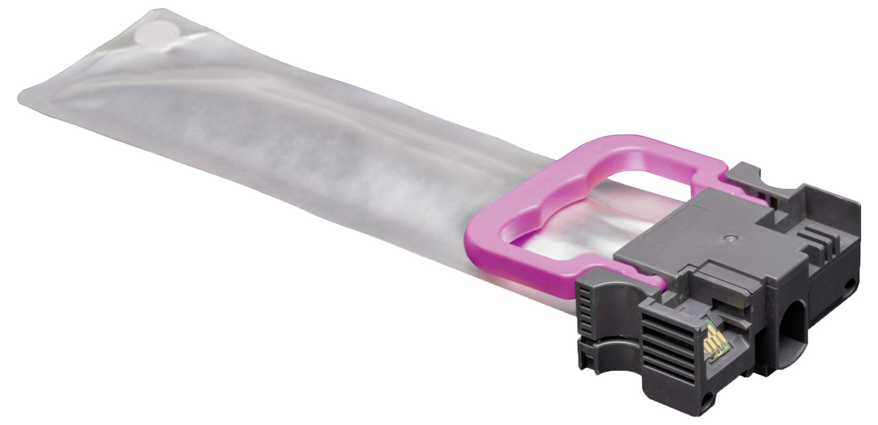 Eine Tonerkartusche von HP mit rosa Griff in einer durchsichtigen Verpackungstasche, die ihre Anschlüsse und einen Teil der angeschlossenen Schaltkreise zeigt.