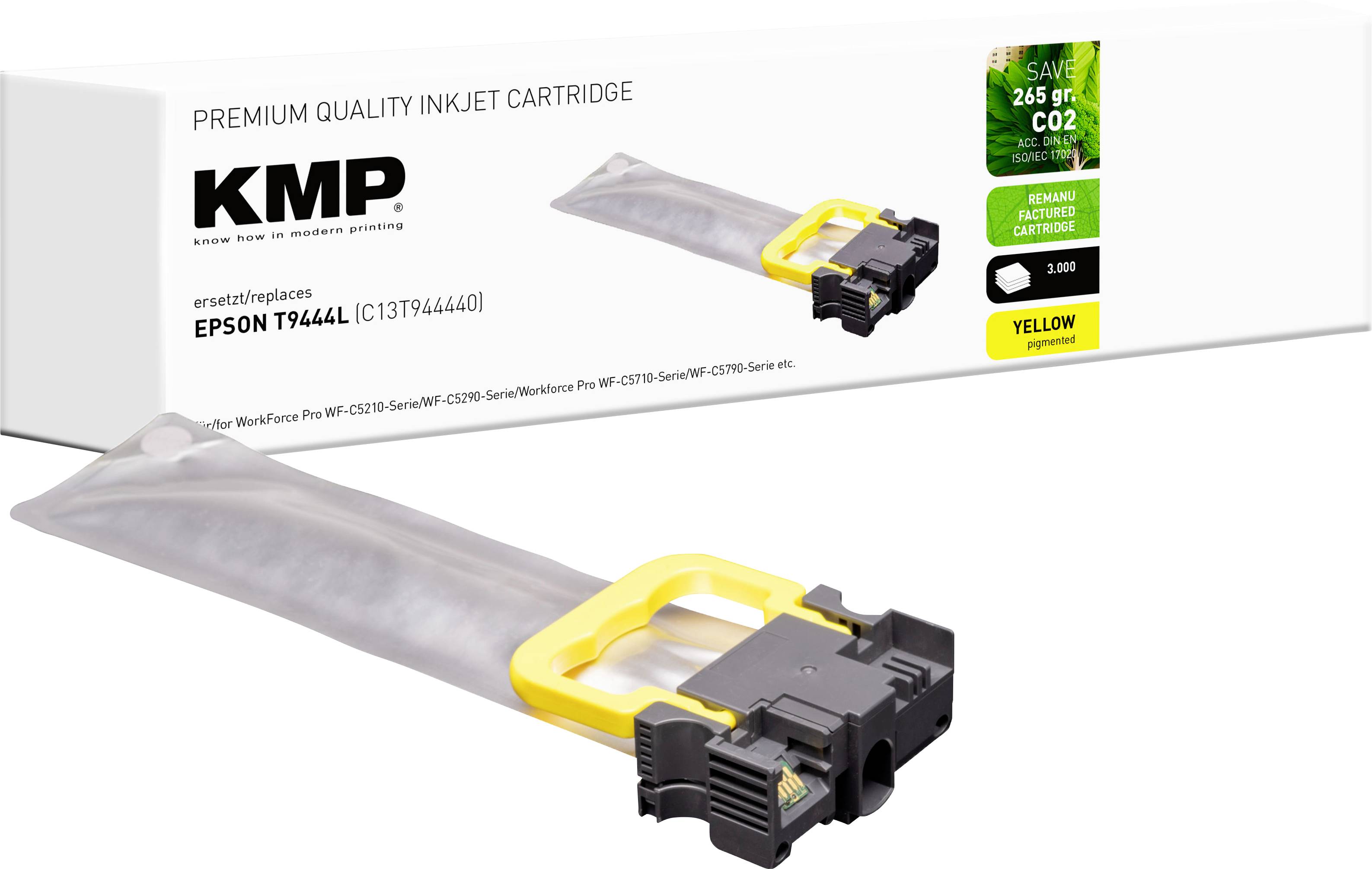 Bild einer KMP Tintenpatrone in Gelb, kompatibel mit Epson T9444XL. Die Verpackung betont die Premium-Qualität und Umwelteinsparungen.