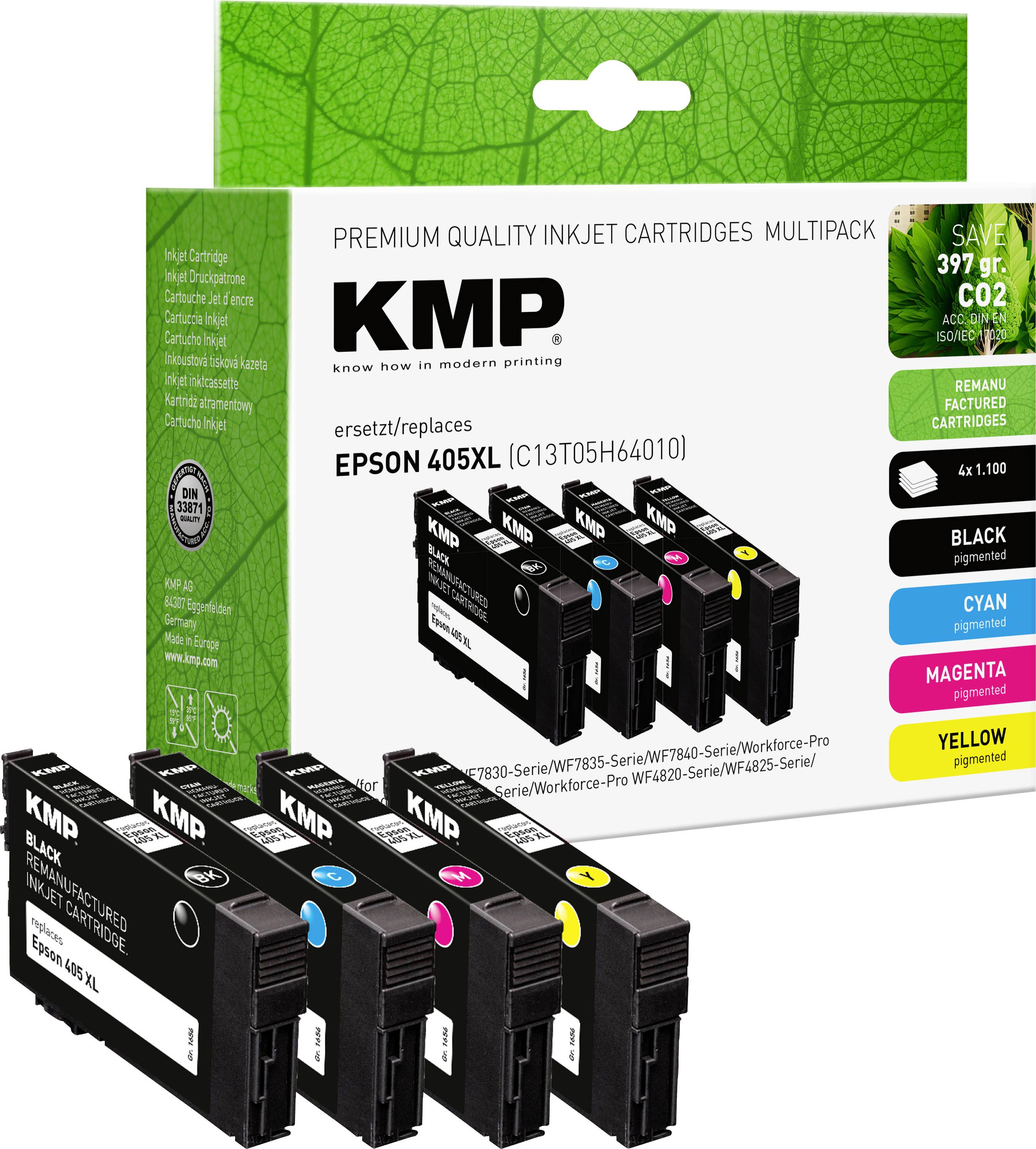 KMP Tintenpatronen-Multipack für Epson 405XL, enthält schwarz, cyan, magenta, gelb. Verpackung hebt CO2-Einsparungen hervor.