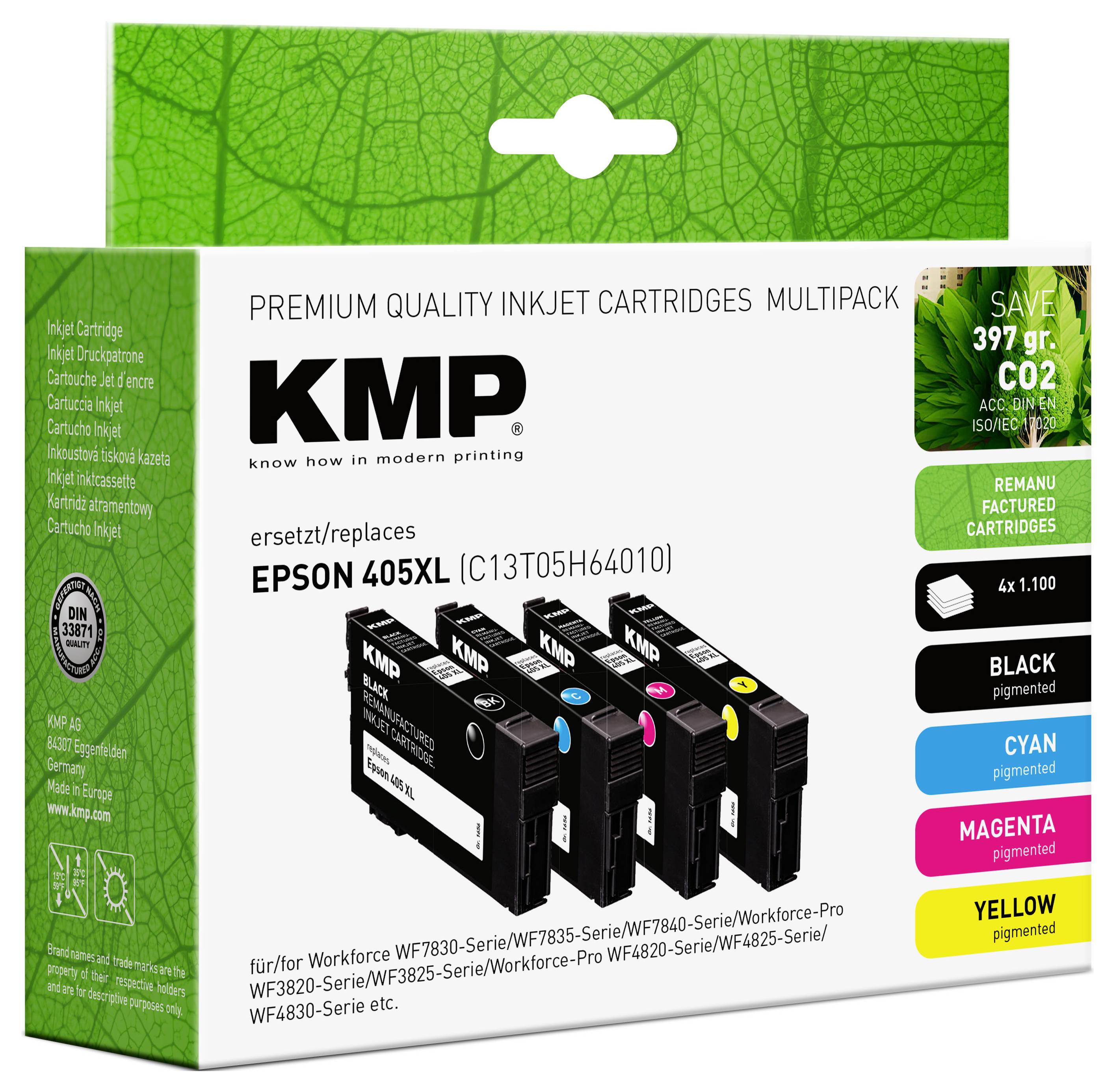 Epson-kompatibler Tintenpatronen-Multipack in Schwarz, Cyan, Magenta und Gelb. Grüne Verpackung fördert Kohlenstoffeinsparungen und den Einsatz recycelter Materialien.