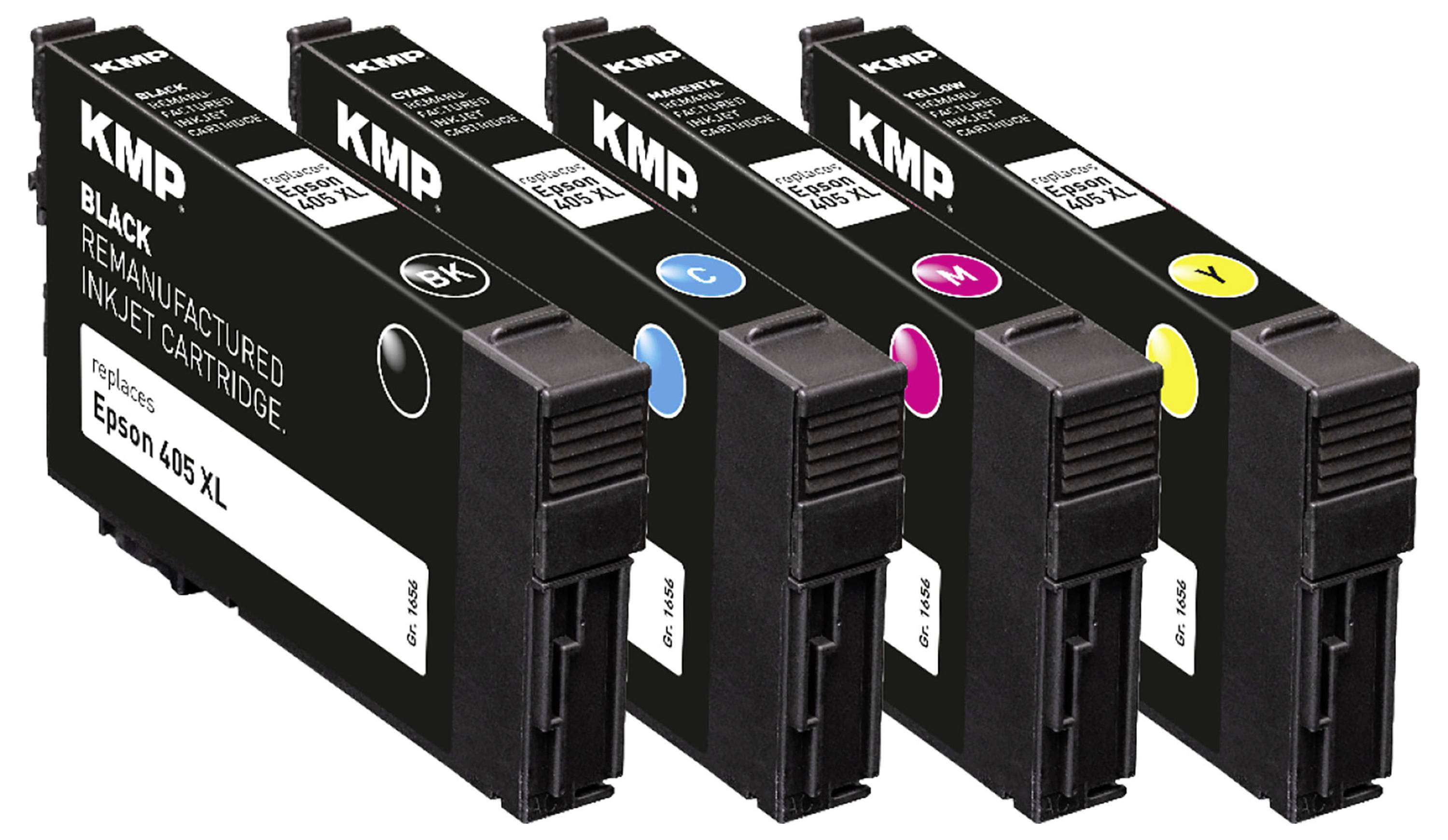 Vier Tintenpatronen in den Farben Schwarz, Cyan, Magenta und Gelb, mit dem Label 'KMP', entwickelt für Epson 405 XL Drucker.