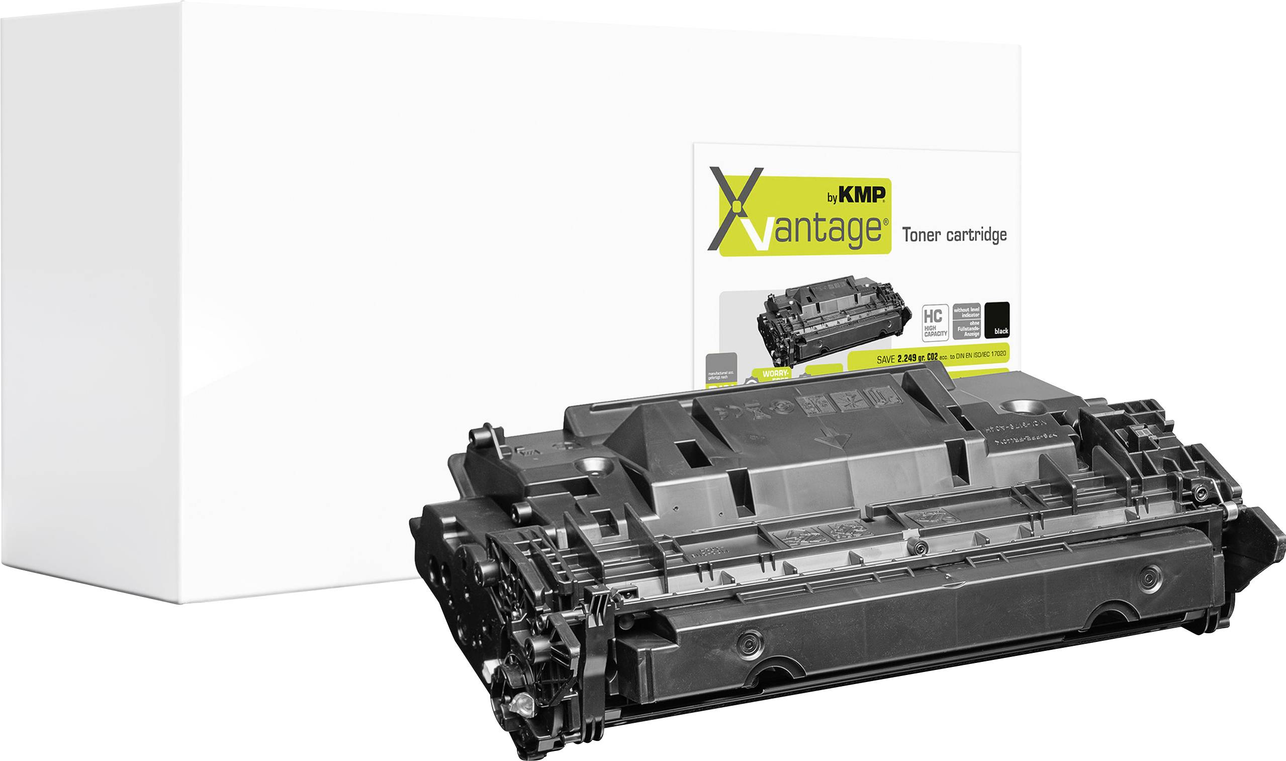 Schwarze Tonerpatrone vor einer weißen Schachtel mit der Aufschrift „KMP Xantage