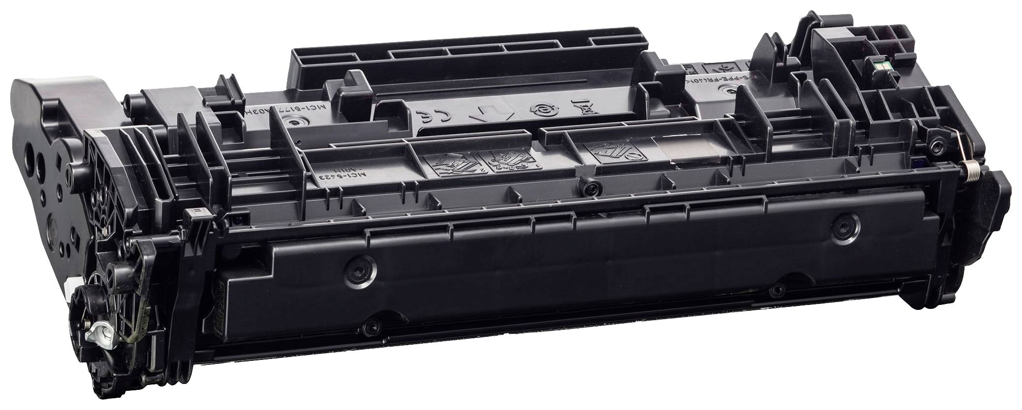 Ein schwarzer Toner-Kartusche für einen Drucker, rechteckig, mit mehreren sichtbaren Komponenten und Anschlüssen.