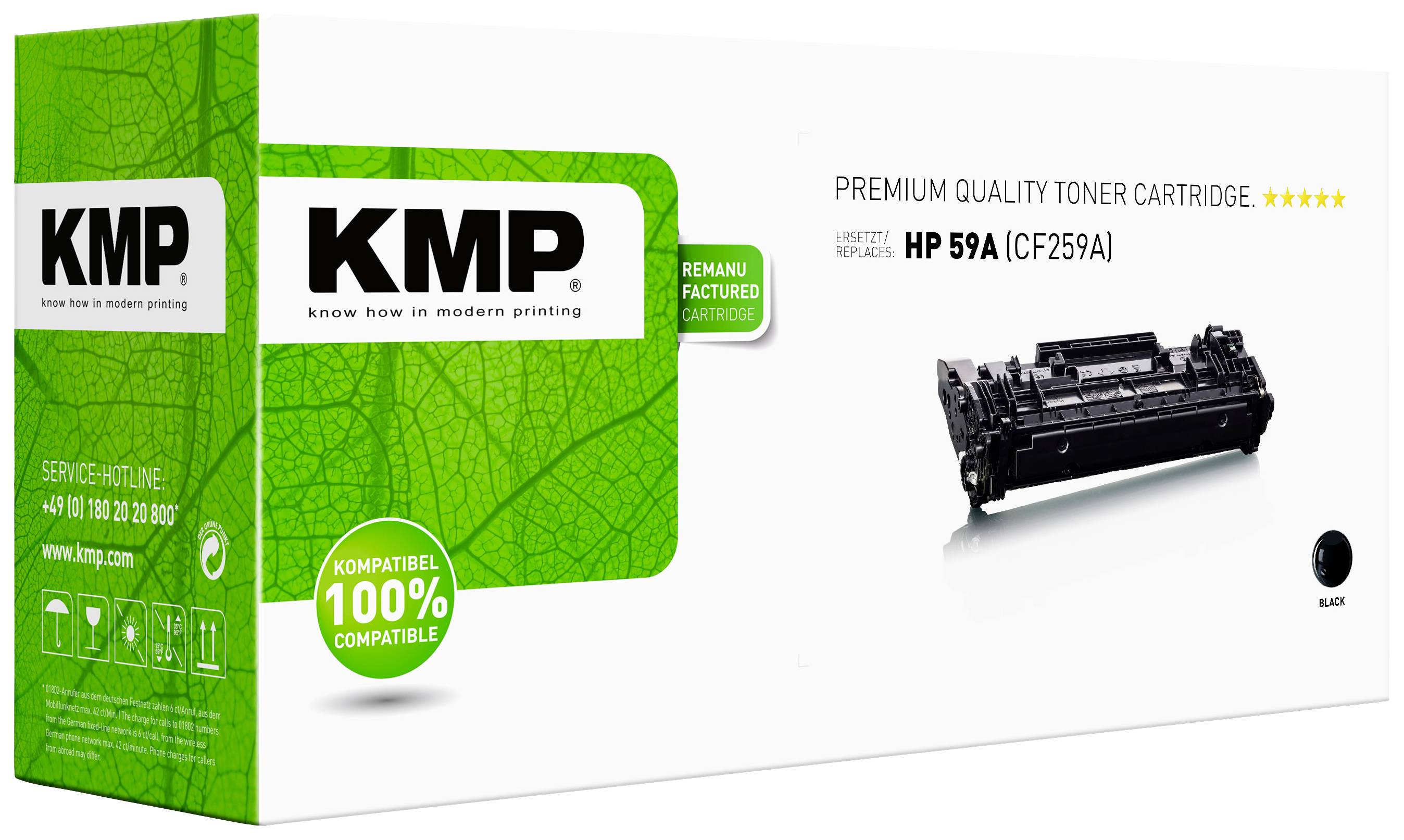Toner-Kartusche HP 59A von KMP. 'Premium Quality Toner Cartridge' steht auf der Verpackung. Kompatibel mit HP-Druckern, Farbe Schwarz.