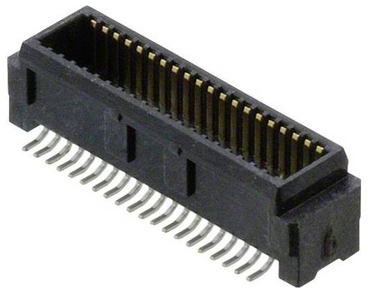 Ein Nahaufnahmebild eines schwarzen elektronischen Steckers mit mehreren Stiften, der zur Verbindung von Leiterplatten oder elektronischen Geräten verwendet wird.