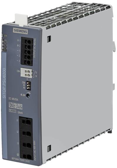 Grau-blaues elektronisches Gerät mit Siemens-Logo, Modell SITOP PSU6200, zur Hutschienenmontage und Stromversorgung in Automatisierungssystemen.