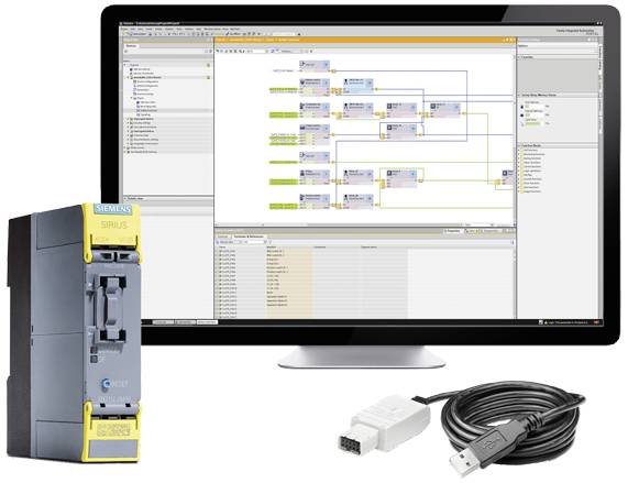 Ein Computermonitor zeigt ein Siemens-Software-Interface zur SPS-Programmierung. Daneben ein Sirius-Schaltgerät und ein USB-Kabel.