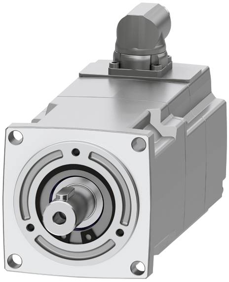 Ein silbernes Elektromotor-Modul mit rechteckigem Gehäuse und kreisförmigem Flansch an der Vorderseite, geeignet für industrielle Anwendungen.