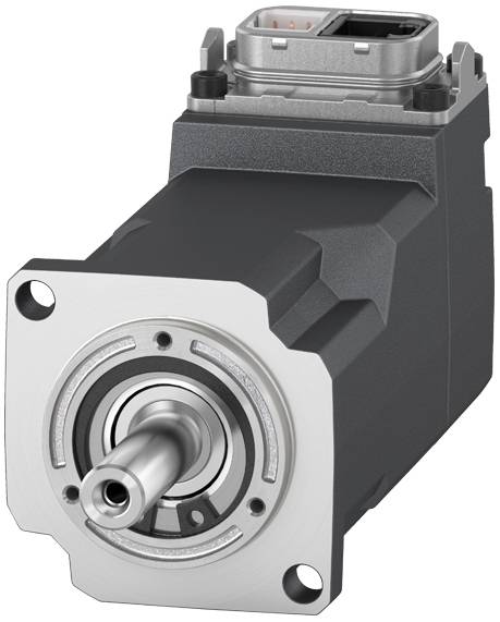 Ein elektrischer Servomotor mit metallischem Gehäuse und Welle. Oben befindet sich ein Anschlussstecker für die Elektroniksteuerung.