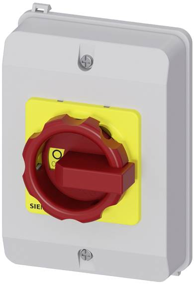 Ein roter Not-Aus-Schalter auf gelbem Hintergrund an einem grauen elektrischen Gehäuse. Der Schalter befindet sich in der Aus-Position.
