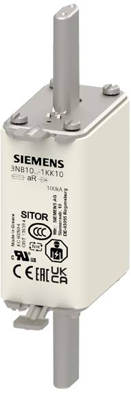 Sicherungseinsatz der Marke Siemens, Modell '3NB10-1KK10', aR, 100kA, mit technischen Spezifikationen und Zertifizierungssymbolen aufgedruckt.