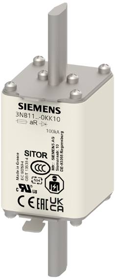 Sicherungseinsatz von Siemens, Modell 3NB1, 100kA. Geeignet für Hochstromanwendungen. Enthält CE- und EAC-Zertifizierungen.