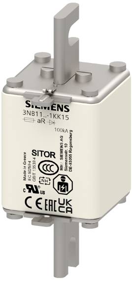 Sicherungsautomat von Siemens, Modell 3NB11, 100kA, enthält technische Symbole und Zulassungsstempel. Für industrielle Anwendungen.