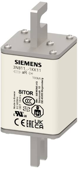 Sicherungseinsatz von Siemens, Modellnummer 3NB11-1KK11, mit Kennzeichnungen wie CE und UKCA. Nutzung in elektrischen Schaltungen.