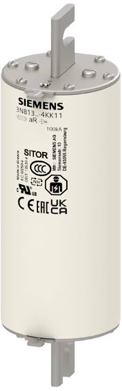 Ein zylinderförmiger Elektrobauteil mit Siemens-Logo und technischen Spezifikationen, darunter Spannung und Zertifizierungssymbole.