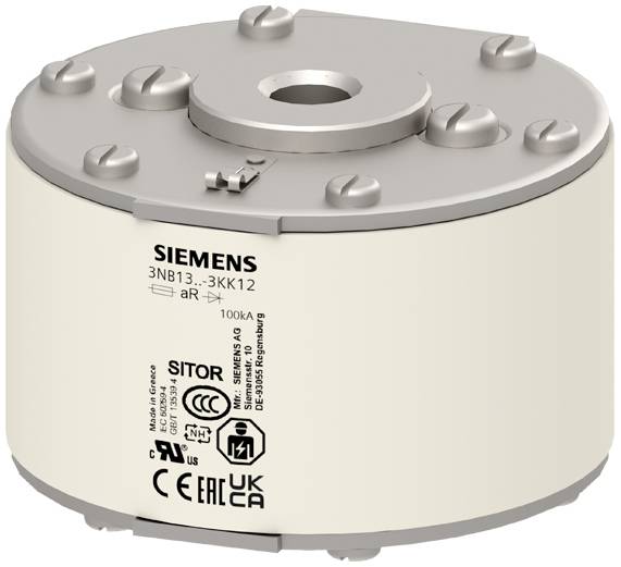 Elektrotechnische Sicherung der Marke SIEMENS, Modell SITOR, mit Spezifikationen und Zertifizierungslogos auf der Oberfläche.