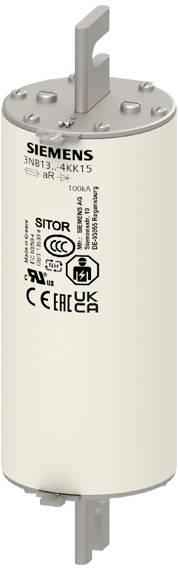 Hochspannungssicherung von Siemens, Modell 3NB13-4KK15, 100 kA, mit internationalen Sicherheitskennzeichen.