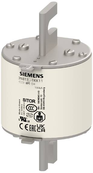 Sicherungseinsatz von Siemens; zylindrisch mit Metallanschlüssen oben und unten. Gehäuse mit technischen Angaben und CE-Kennzeichnung.